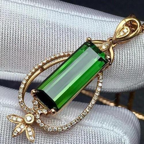 Fine Jewelry Real 18K Gold 100% Natural Green Tourmaline 5.5ct Female Diamonds Gemstone Diamond Womens Pendants Necklaces