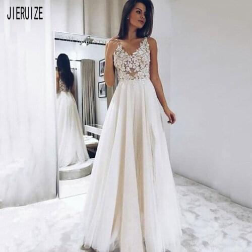 JIERUIZE Boho A Line Wedding Dresses V Neck Illusion Back Lace Appliques Wedding Gowns Sleeveless Bridal Gown Vestidos De Novia