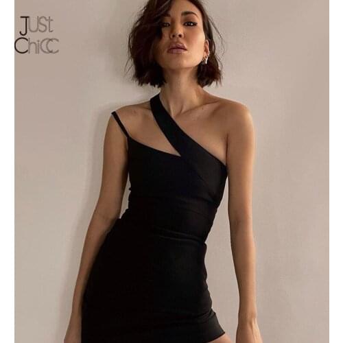 Justchicc One Shoulder Party Black Dress For Women 2021 Hollow Out Summer Bodycon Dress Solid Pleated Night Club Mini Vestidos