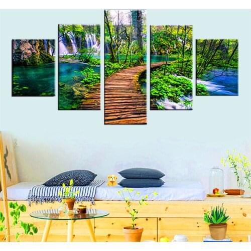 Full Square Round Drill Diamond Painting 5 Piece Waterfall Green Trees Forest Bridge Natural Landscape Diamond Embroidery A2303