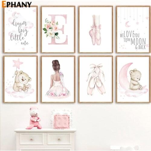 Nursery Girl Ballet Dance Wall Art Pink Cartoon Moon Bear Canvas Painting Nordic Capital Letter Posters and Prints for Girl Room