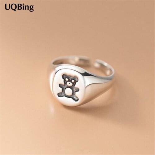 Vintage 925 Sterling Silver Round Bear Animal Rings Bijoux Fashion Women Jewelry Gifts