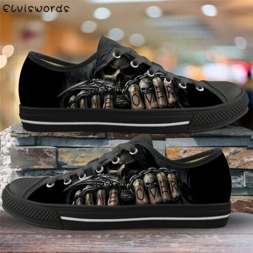 ELVISWORDS New Fashion Women Vulcanized Shoes Gothic Skull 3D Print Canvas Flats Classic Lace Up Sneakers for Teenagers Girls