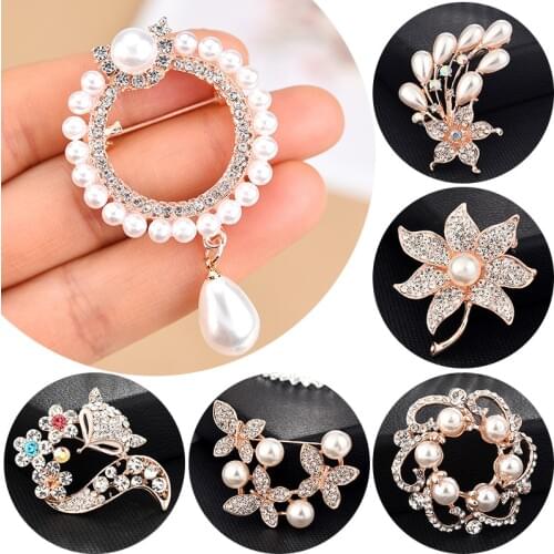 Fashion Large Brooches Lady Flower Imitation Pearls Rhinestones Crystal Lady Flower Metal Pins Jewelry Gift Accessories