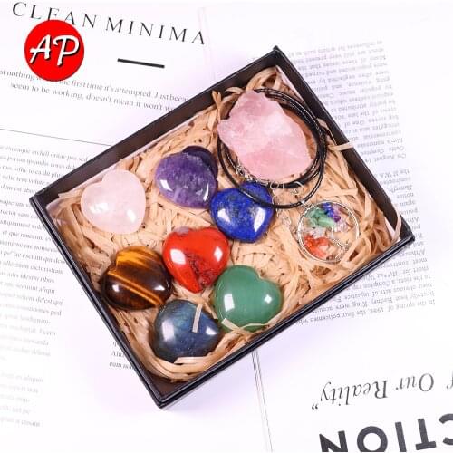Natural Crystal Heart Shape Seven Chakras Treatment Stone Rose Quartz Rough Mineral Specimens Tree of Life Pendant Gift Set