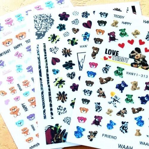 Newest HANYI series 312 313 Love Teddy bear design 3d nail stickers back glue DIY decal decorations for nail art tips