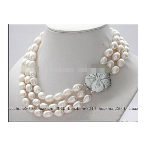 3row 8-9mm white rice freshwater cultured pearl necklace