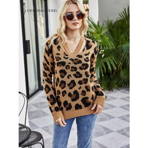 MEIYANGYOUNG Sexy Leopard Womens Sweater V-neck Sweaters For Woman 2020 Winter Long Sleeve Pullover Women Sweater Jumper Female