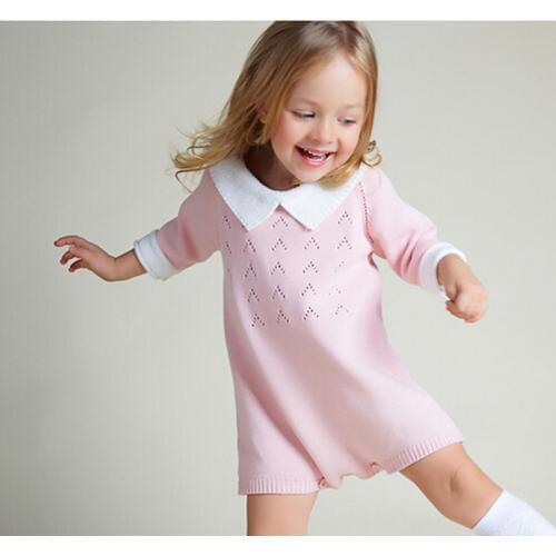 New2020 Baby Girl DressCotton Knitting Crochet BabyGirls Romper Kids Seven Sleeve Jumpsuit Infant New Born Toddler Sweater Dress