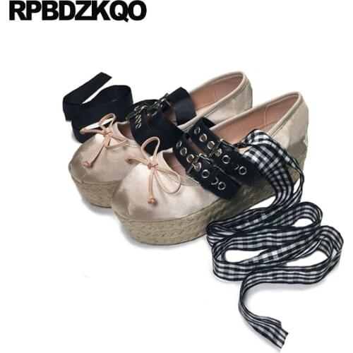 Girls Hemp Muffin Designer Shoes Women Luxury 2021 Elevator Ballerina Platform Bow Espadrilles Mary Jane Creepers Ballet Satin