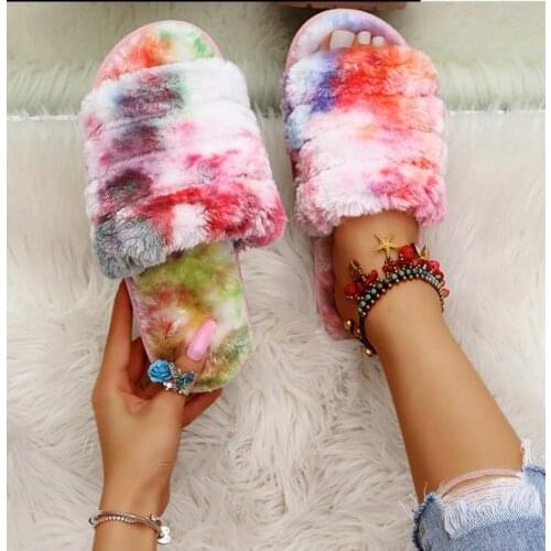 New Autumn Winter House Women Fur Slippers Multi Color Comfortable Flat Ladies Shoes Non Slip Indoor Ladies Furry Slippers 2227