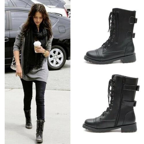 Women Autumn Platform Mid Calf Boots Female Lace Up Punk Motorcycle Boot Plus Size Buckle Strap Zipper Ladies Low Heel Shoes