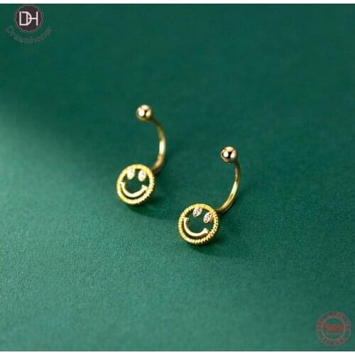 Dreamhonor Hollow Round Smile Zircon Screw Ball Stud Earrings for Women Sterling Silver Jewelry Brincos Dropshipping