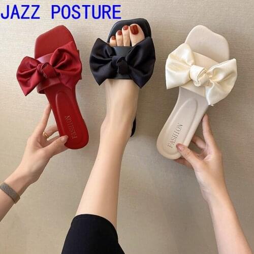 2021 square toe flat slippers womens shoes with bows open-toed slides summer outdoor beach sandals indoor slippers w074