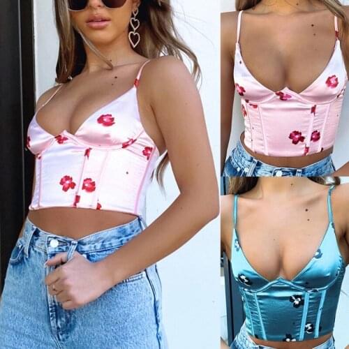 Women Summer Spaghetti Strap Satin Crop Top Sexy Deep V-Neck Vintage Floral Printed Camisole Aesthetic Backless Slim Streetwear