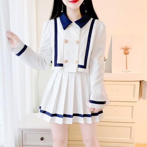 Korean Spring New Elegant Suit Womens Double-Breasted Short Coat Jacket + High Waist A-Line Pleated Skirt Two-Piece Set