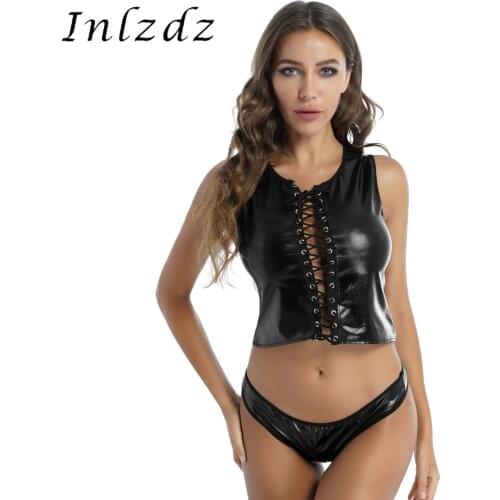Womens Patent Leather Rave Costume for Pole Dancing Lingerie Set Wet Look Lace-up Tank Top with Briefs Sexy Clubwear Nightwear