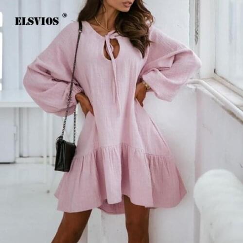 Vintage Ruffle Puff Sleeve Dress Spring Summer V-neck Elegant A-line Dress Women Casual Cotton Linen Solid Loose Dresses Vestido