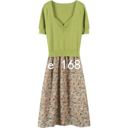 2020 summer women floral printed chiffon patchwork knitted dress designer Korean fashion square collar midi dresses JC503