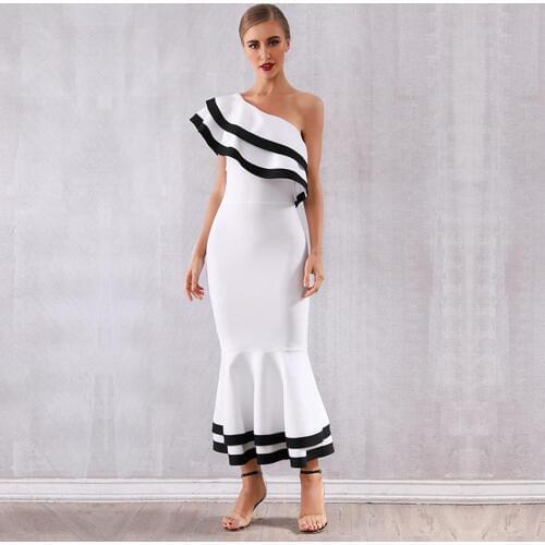2021 Newest Celebrity Party Bandage Dress Women Butterfly Sleeve One-Shoulder Sexy NightClub Maxi Dress Women Mermaid Vestidos