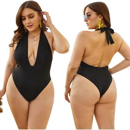 2021 New European And American Plus Size One-Piece Swimsuit Black Sexy Bikini V Neck For Fat Swimwear SW297