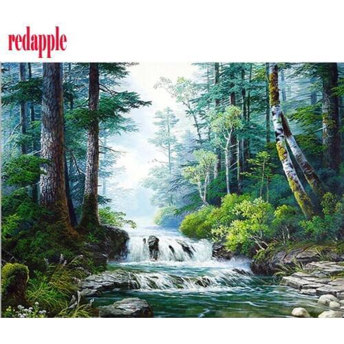 Diamond painting cross stitch landscape river and mountain tree wall sticker diamont embroidery,5d diamond mosaic,diamond paint