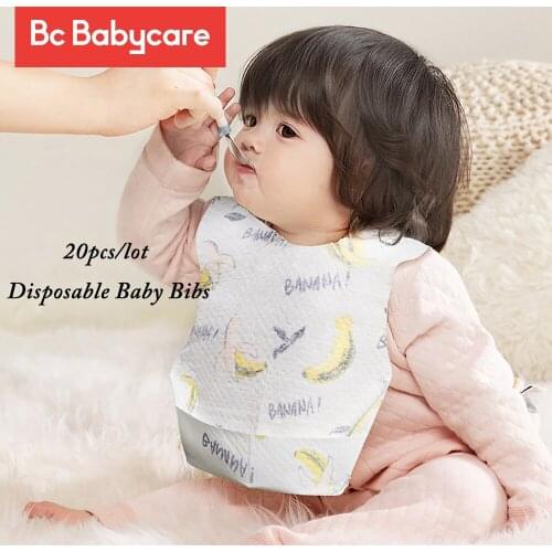 BC Babycare 20pcs/lot Disposable Baby Bibs with Food Catcher Pocket Infant Saliva Towel Banana Waterproof Portable Travel Bibs