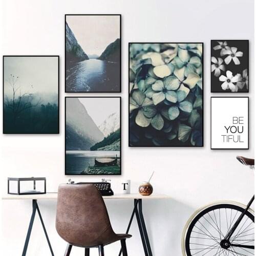 [BJYWDAP] Mountain Fog Lake Boat Natural Landscape Wall Decor Flower Modern Painting Home Decor Wall Picture Plant Living Room