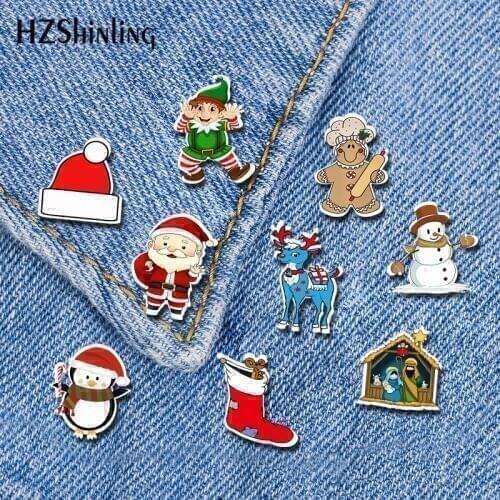 2019 New Merry Christmas Acrylic Lapel Pin Santa Claus Snowman Butterfly Clasp Pin Handmade Epoxy Pin Brooch