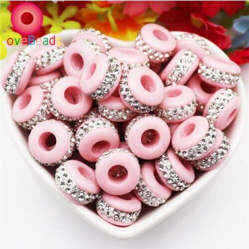 10Pcs New Red Pink Color Rhinestone Crystal Line Round Big Hole European Spacer Beads Fit Pandora Bracelet Bangle Jewelry Making