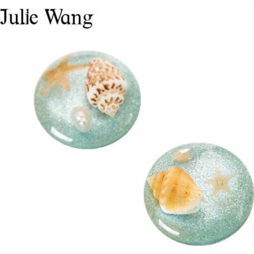 Julie Wang 5pcs 20/25mm Multi-colored Sea Conch Starfish Beach Resin Flatback Cabochon Charms Pendant Jewelry Making Accessory