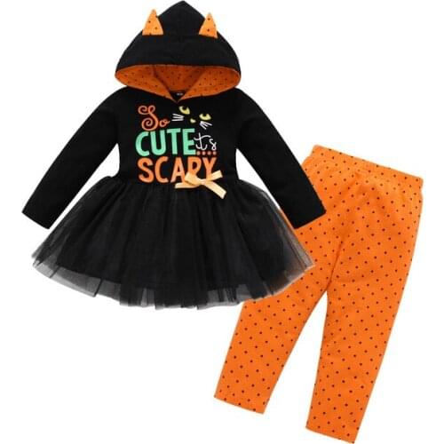 Toddler Kids Girl Clothes Set 2021 Halloween Xmas Costume Cute Scary Cat Black 2 Pieces Patchwork Dress+Orange Pants Outfit