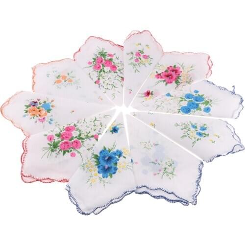 10pcs Assorted White Cotton Square Handkerchief Wedding Floral Print Hanky