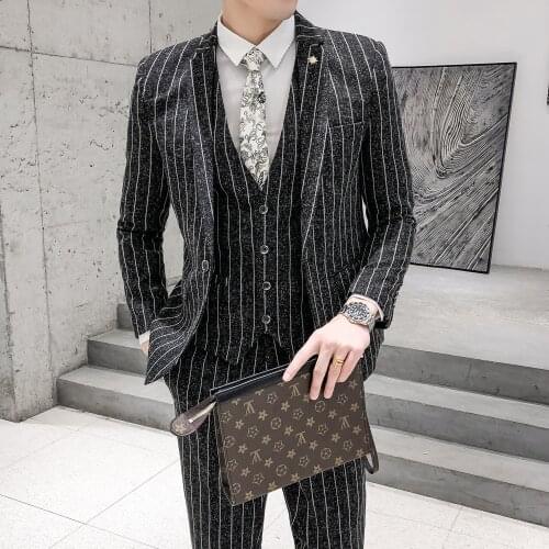 2021 Mens Spring and Autumn New British Style Striped Suit Youth Slim Business Dress Three Pieces