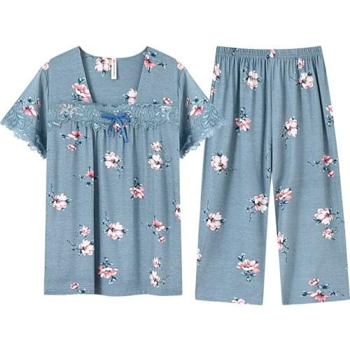 Comfortable modal cotton pyjamas women short sleeve pajamas set summer home clothes casual calf-length pants sleep pyjama femme