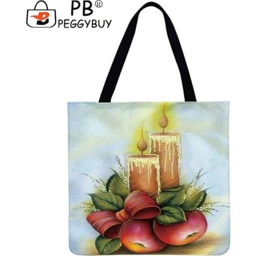 Casual Apple Cats Christmas Snowman Candle Sunflower Printed Shoulder Shopping Bag Fashion Large Capacity Linen Storage Handbags