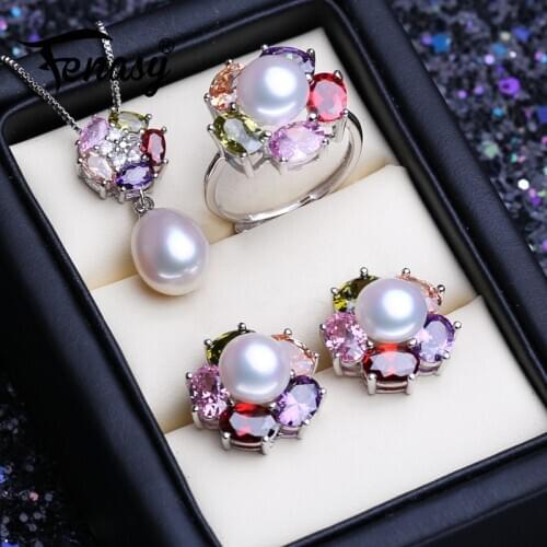 FENASY 925 Sterling Silver Pearl Jewelry Sets Natural Pearl Stud Earrings For Women Colorful Flower Pendant Necklace Party Ring
