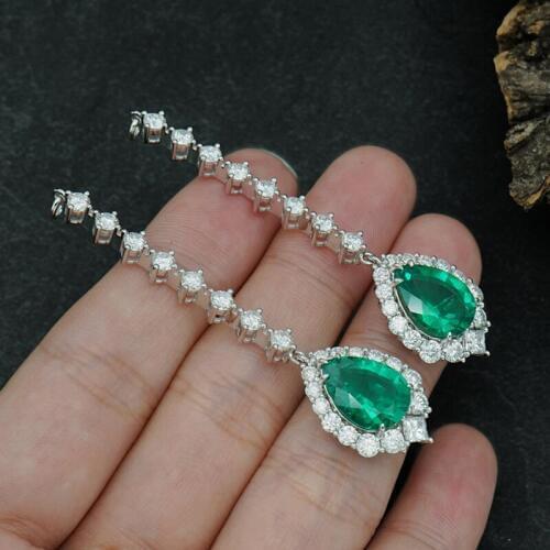 AAA 4ctw 7X10mm Solid 14K White Gold Green Pear Cut Emerald Earrings Halo Moissanite Engagement Earrings Jewelry For Women