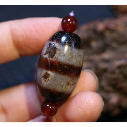 Unique Style Magic Power Tibetan Old Agate 2 Wide Line Buddha Healer Medicine Big Drum Shape dZi Bead Amulet