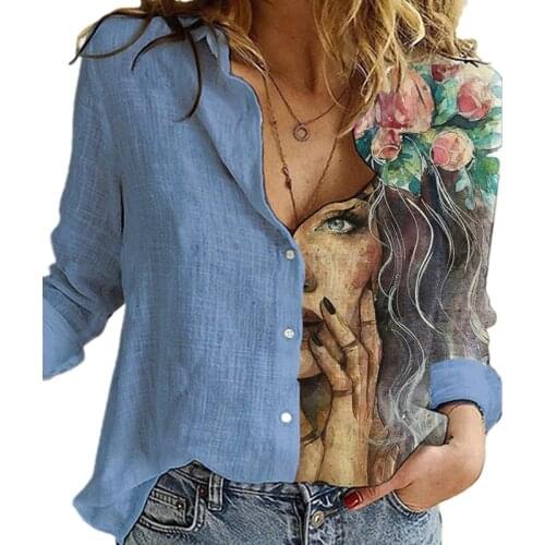 Casual Street Lady Top Fashion Retro Portrait Floral Print Women Shirt Autumn Stitching Button Long Sleeve Cotton Linen Blouses