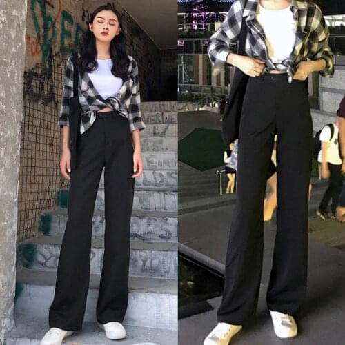Women Autumn Loose High Waist Solid Color Long Straight Pants Wide Leg Trousers