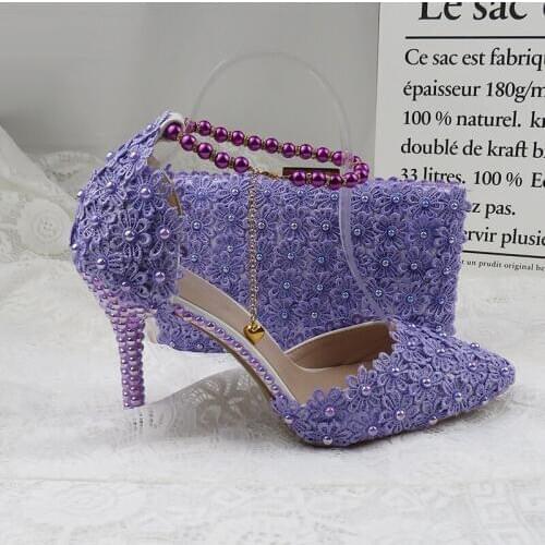 Violet Flower Wedding Shoes With Matching Bags High Heels Pointed Toe Ankle Strap Ladies Party shoe and bag set AB Pearl Shoe