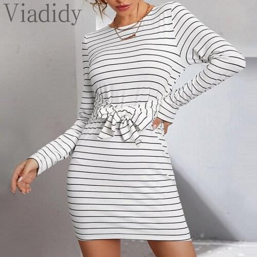 Women Striped Dress Casual O-Neck Long Sleeve Bow Tied Waist Mini Dresses