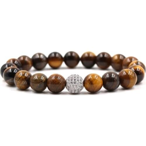 10mm jhj35 elastic adjusted nature yellow Tigereye bead micro pave cz zircon cubic zirconia ball Bracelet