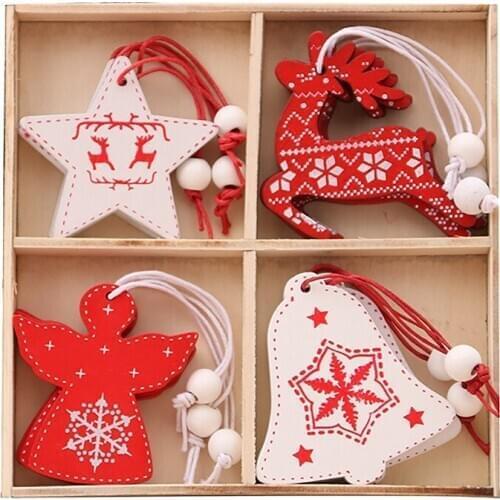 12 Pcs Christmas Wooden Pendants Xmas Tree Ornament Angel Snowflake Deer Bell Five-Pointed Star Pattern Home Decor