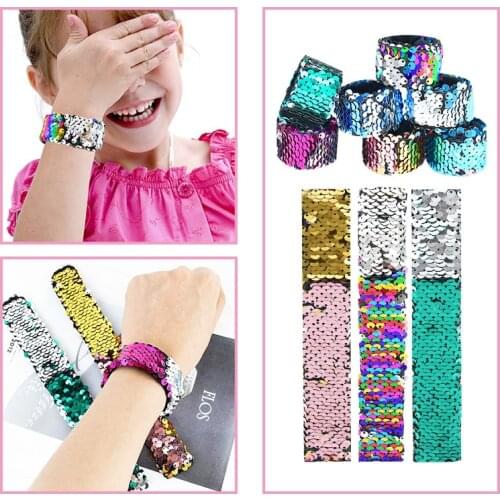 5pcs/lot Magic Paillette Mermaid Patted Bracelets Two-Color Sequin Reversible Glitter Slap Bracelets Charms Wristband for Child