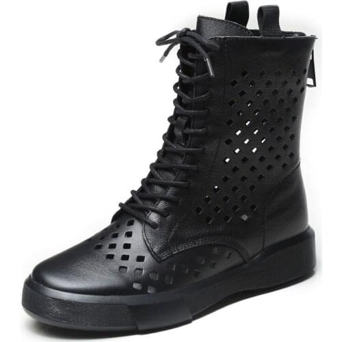 2021 Woman Genuine Leather Summer Shoes for Women Cool Boots Hollow Breathable Flat Mid Calf Back Zipper Flat Martin Boots Mujer