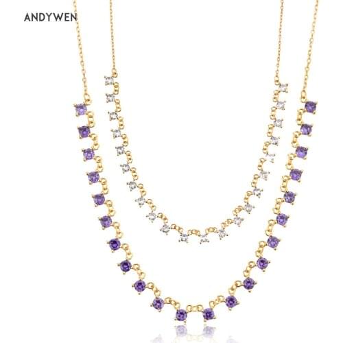 ANDYWEN 925 Sterling Silver Gold Purple Zircon CZ Charms Chain Luxury Choker Necklace Women Luxury Expensive Full Gems Jewelry