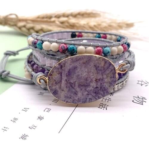 Purple Jade Bracelet Woven Leather Bracelet Beaded Leather Wrap Bracelet Mix Stones Weaving Statement Boho Bracelet Jewelry