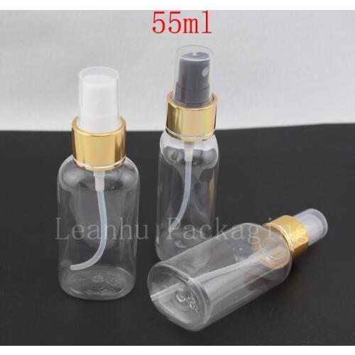 55ml X 50pc Empty Elliptical Shape Clear Bottle With Gold Aluminum Mist Spray Pump Perfume Bottles, Cosmetic Packaging Container